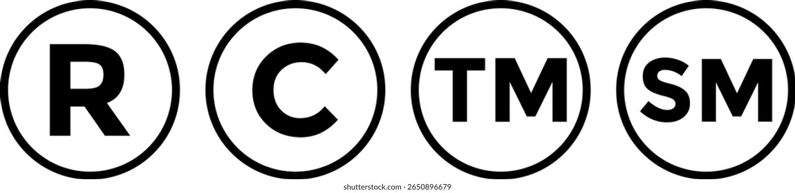 Conjunto de Derechos de autor y logotipo registrado. Marca de servicio y Marca comercial. Símbolo de marca de registro de marca.  Iconos redondos
