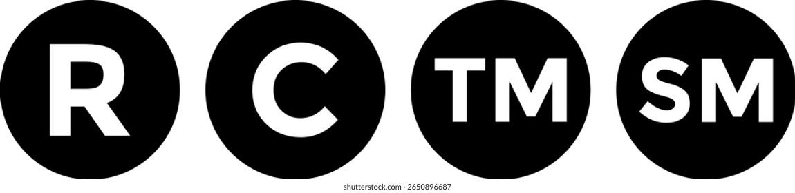 Conjunto de Derechos de autor y logotipo registrado. Marca de servicio y Marca comercial. Símbolo de marca de registro de marca.  Iconos redondos
