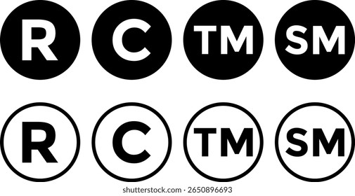 Set of copyright and registered logo set. Service mark and trademark right. Brand register trade mark symbol.  Round icons
