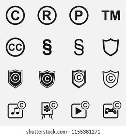 Set of copyright, registered trademark, patent and creative commons symbols vector icons.
