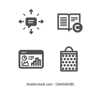Set of Copyright, Sms and Seo statistics icons. Shopping bag sign. Copywriting book, Conversation, Analytics chart. Paper package.  Classic design copyright icon. Flat design. Vector