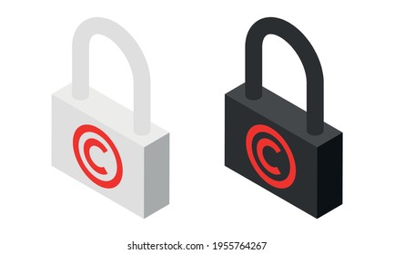 Set of copyright symbols on closed padlocks isometric vector icon.