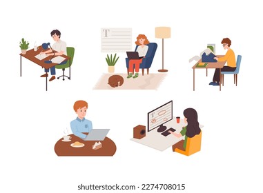 Set of copywriter people flat style, vector illustration isolated on white background. Boys and girls working with texts, home office, freelance lifestyle