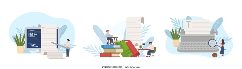 Set of copywriter people with huge text pages, books and monitor flat style, vector illustration isolated on white background. Professional, typewriter, modern work with texts