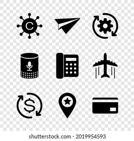 Set Copywriting network, Paper plane, Gear and arrows as workflow, Return of investment, Location with star and Credit card icon. Vector