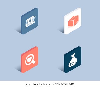 Set of Copywriting notebook, Delivery box and Search love icons. Cash sign. Writer laptop, Cargo package, Dating service. Banking currency.  3d isometric buttons. Flat design concept. Vector