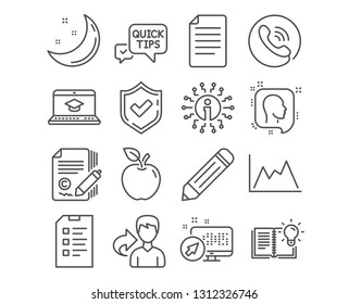 Set of Copywriting, Quick tips and Product knowledge icons. File, Website education and Diagram signs. Checklist, Pencil and Head symbols. Ð¡opyright signature, Helpful tricks, Education process