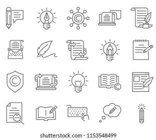 Set of copywriting Related Vector Line Icons. Contains such Icons as articles, writing, documents, pen, notebook, keyboard and more.  