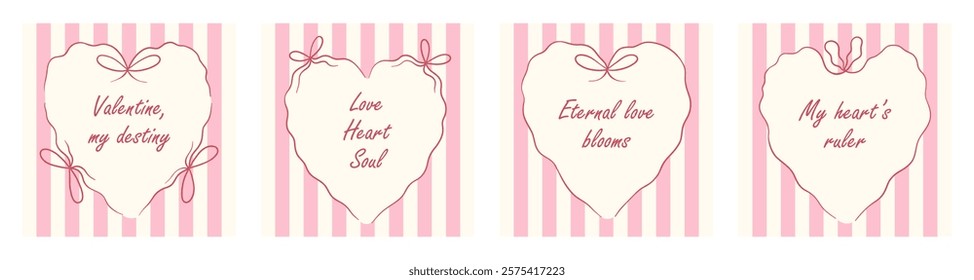 Set of coquette aesthetic heart frame with bow, ribbons and short phrases. Love lettering. Hand drawn girlhood design templates for Valentines day, wedding, social media, poster, cover, postcard