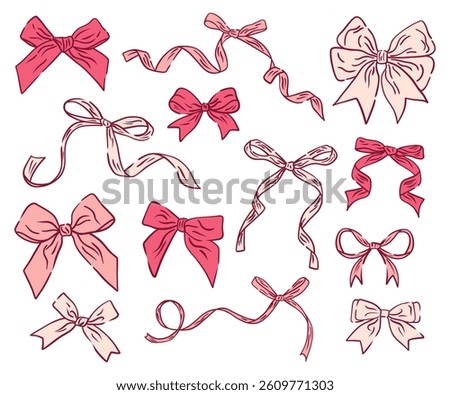 Set coquette bow. Aesthetic elegant girly pink bow. Hand drawn vintage girly decor. Trendy element for Valentine day and wedding invitations, christmas cards, poster.