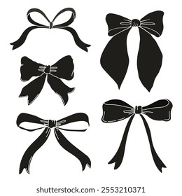 Set of coquette bow knots, gift ribbons. Trendy hair braiding accessories. Bow knots for gift wrapping, party decoration, present. Black bows. Vector illustration.