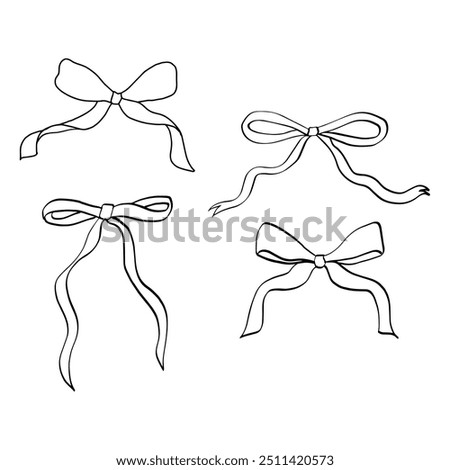 Set of coquette bow ribbons, hand-drawn in line art style; isolated vector illustration