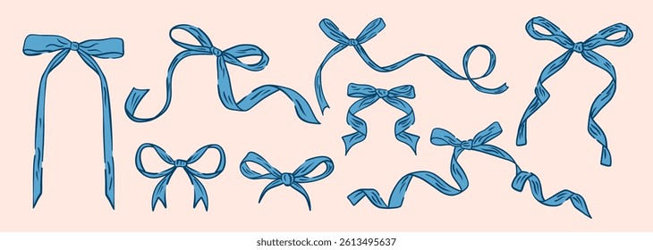 Set coquette bows. Bow and ribbon for wedding, birthday, gift, christmas cards, poster, frames. Hand drawn vector elements