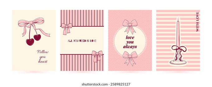 Set coquette card with hand drawn doodle elements. Trendy girly design with pink bowknot, candle, cherries for Valentines day, love theme holiday, party. Vector illustration