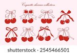 Set of coquette cherries with bow. Various cherry with ribbons. Vector illustration for posters, cards, logo, printing on t-shirt etc.