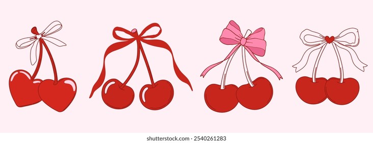 Set of coquette cherries with bow. Various cherry with ribbons. Vector illustration for posters, cards, logo, printing on t-shirt etc.