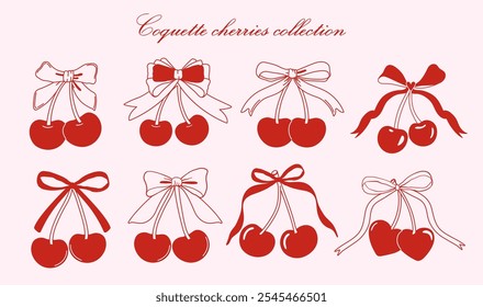 Set of coquette cherries with bow. Various cherry with ribbons. Vector illustration for posters, cards, logo, printing on t-shirt etc.