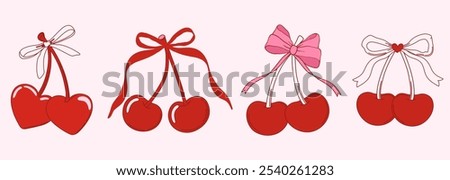 Set of coquette cherries with bow. Various cherry with ribbons. Vector illustration for posters, cards, logo, printing on t-shirt etc.