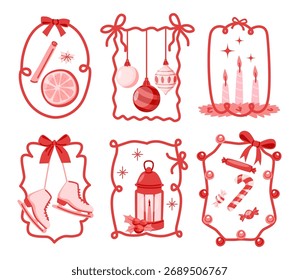 Conjunto de marcos de Navidad coqueta con adornos, velas, patines, linterna, cítricos, caramelos, guirnaldas y arcos. Elementos de diseño festivos de vacaciones de invierno. Colección de borde femenino rosa. Ilustración vectorial.