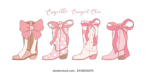 set of Coquette Cowgirl Boots with pink Ribbon Bow Hand Drawn Doodle