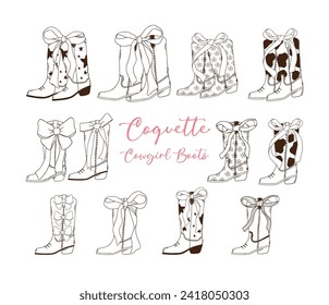 set of Coquette Cowgirl Boots with pink Ribbon Bow Outline Hand Drawn Doodle