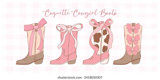 set of Coquette Cowgirl Boots with pink Ribbon Bow Hand Drawn Doodle