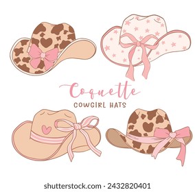 set of Coquette Cowgirl Hats with pink Ribbon Bow Retro vibe Hand Drawn Doodle illustration.