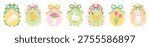 Set of coquette Easter egg with frames and ribbons. Hand drawn easter egg featuring bunny, chick, duck, chicken and tulip flowers. Cute pastel Easter clipart collection for cards, invitations, poster.