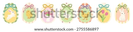 Set of coquette Easter egg with frames and ribbons. Hand drawn easter egg featuring bunny, chick, duck, chicken and tulip flowers. Cute pastel Easter clipart collection for cards, invitations, poster.