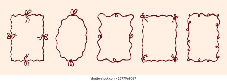 Set coquette frame. Frames with bows for greeting cards, weddings, birthdays and invitations. Minimalist hand drawn borders.
