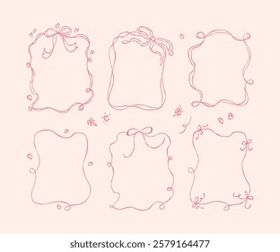 Set of coquette frames with bows, ribbons, hearts and flowers. Hand draw isolated borders. Trendy background for birthday greeting card, wedding invitation, poster, print, cover, banner, sticker.