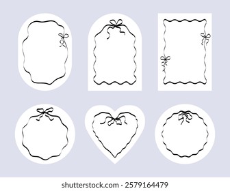 Set of coquette frames with bows, ribbons. Hand draw borders with wavy edges. Trendy template for birthday greeting card, wedding invitation, poster, print, sticker. Flat vector Isolated elements.
