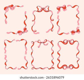 Set coquette frames of cute pink red ribbons and charming bows. Flat design trendy borders template. Preppy decor with bowknots. Vintage backgrounds for greeting cards, invitations, social media