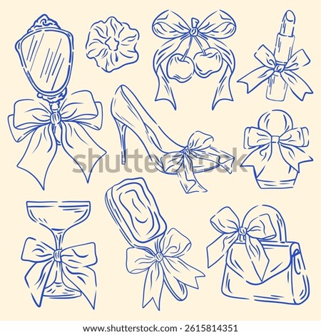 Set coquette girly elements. Hand drawn Aesthetic elegant decor for Valentine day and wedding invitations, cards, poster. Line art of shoes, lipstick, perfume, cherry, bag, glass.
