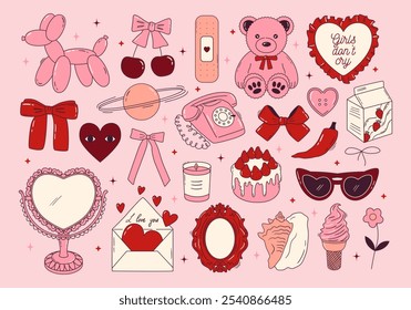 Set of coquette girly elements in pink and red color. Vintage mirror, cake, bear toy, telephone, bows, cherry in hand drawn outline style. Cute romantic accessories. Vector graphic