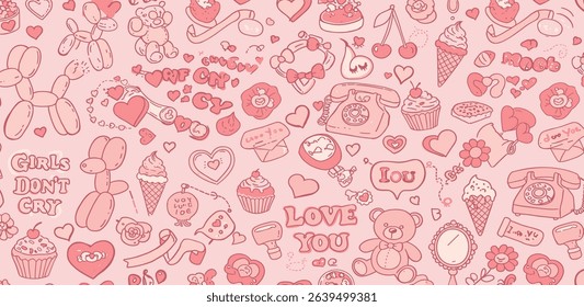 Set of coquette girly elements in pink and red color. Vintage mirror, cake, bear toy, telephone, bows, cherry in hand drawn outline style. Cute romantic accessories.
