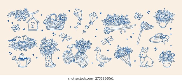 Satz handgezeichneter Federelemente aus Kokette. Skizzenstil auf skurrilen blauen Linien. Äthetischer Cottage-Kern. Süße Gans, Fahrrad, Blumensträuße, Kamille, Tulpe, Libelle. Vektor.