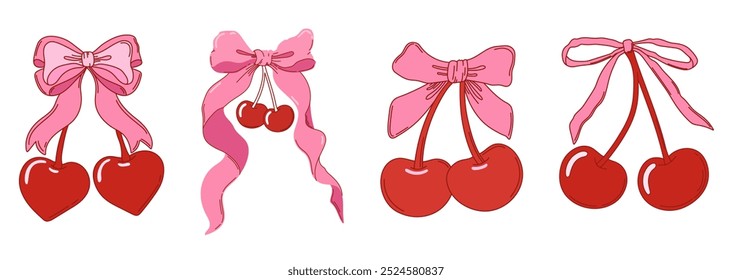 Conjunto de cerezas coquetas en forma de corazón con lazo. Varias cerezas con cintas. Ilustración vectorial para carteles, tarjetas, logotipo, impresión en camiseta, etc.