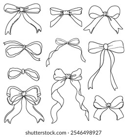Set of coquette linear bow knots, gift ribbons. Trendy hair braiding accessories. Bow knots for gift wrapping, party decoration, present. Black and white outline bows. Vector illustration.