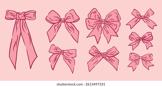 Set coquette pink bow. Hand drawn vintage girly decor. Aesthetic elegant girly pink bow. Trendy element for Valentine day and wedding invitations, christmas cards, poster.