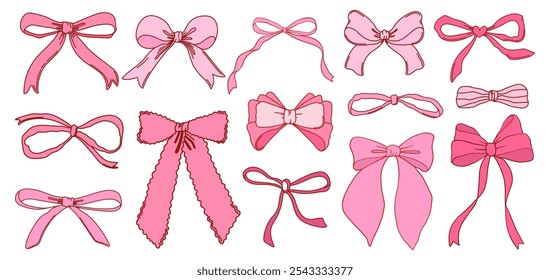 Conjunto de coquette de nós de arco rosa, fitas de presente. Acessórios para trançar o cabelo na moda. Bow knots para embrulhar presente, decoração de festa, presente. Ilustração vetorial.