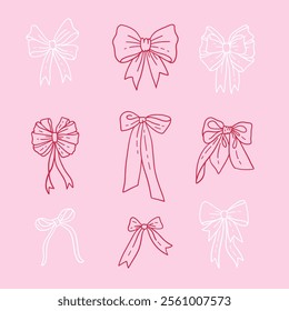 Set of coquette pink bow knots for Valentine's day decoration, linear hand drawn gift ribbons. Trendy hair braiding accessories. Bow knots for gift wrapping, present. Vector illustration.