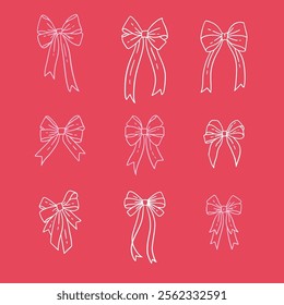 Set of coquette pink bow knots for Valentines day decoration, linear hand drawn gift ribbons. Trendy hair braiding accessories. Bow knots for gift wrapping, present. Vector illustration.
