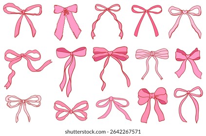 Set of coquette pink bow knots, gift ribbons. Trendy hair braiding accessories. Bow knots for gift wrapping, party decoration, present. Vector illustration.