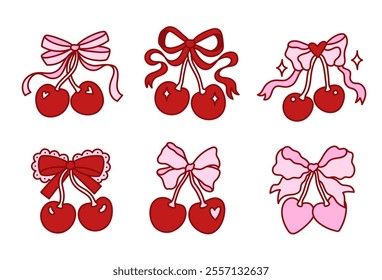 Set of coquette pretty charming bows with cherry berries. Elegant bow knot, gift bow. Collection with festive decorative elements. Vintage hand drawn clipart 