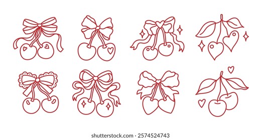 Set of coquette pretty charming bows with cherry berries. Elegant bow knot, gift bow. Whimsical collection with festive decorative elements. Vintage hand drawn clipart. Minimalist girly line art 