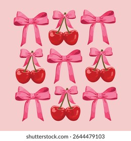 Set of coquette pretty charming bows with cherry berries. Elegant bow knot, gift bow. Collection with festive decorative elements. Vintage hand drawn clipart. Cherry with bow. Retro coquette cherries 