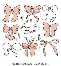 Set of coquette pretty charming pink heart frame, bow frame and bouquet of lilies of the valley wildflowers bundle collection and lettering text. Wedding or Birthday party floral botanical