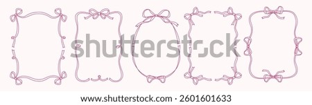 Set of coquette retro frame with bows, wavy lines, ribbons in doodle style. Pretty border ribbon shapes with space for text. Set vector illustration for cute cards, invitation, social media, poster