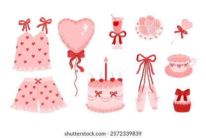 Set of coquette ribbon bows, pajama, heart shaped balloon, cake,cupcake, cup, ballet shoes, lollipop, madeleine cookies, with cherries. Elegant vintage clipart. Collection with festive decor elements